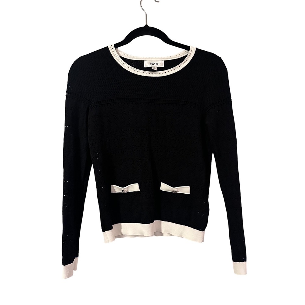 Jason Wu Black Knit Sweater with‎ White Trim and Bow Detail Size S P